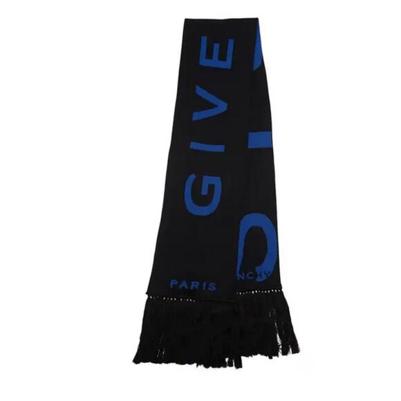 Givenchy Logo Fringe Trim Cotton Football Scarf black and blue - Picture 1 of 10